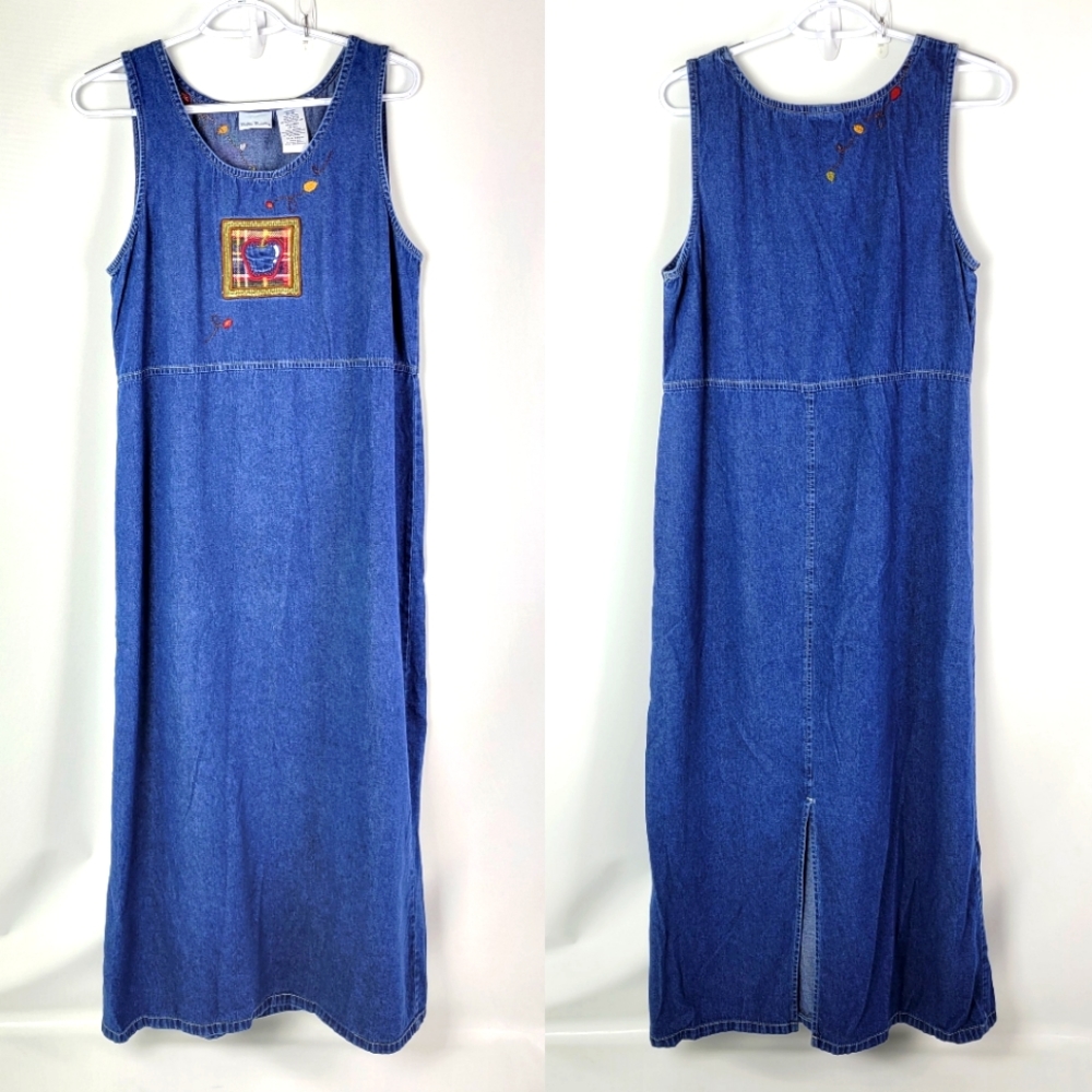 Bobbie Brooks 100% Cotton Denim Sleeveless Dress Embroidered Autumn Sz M